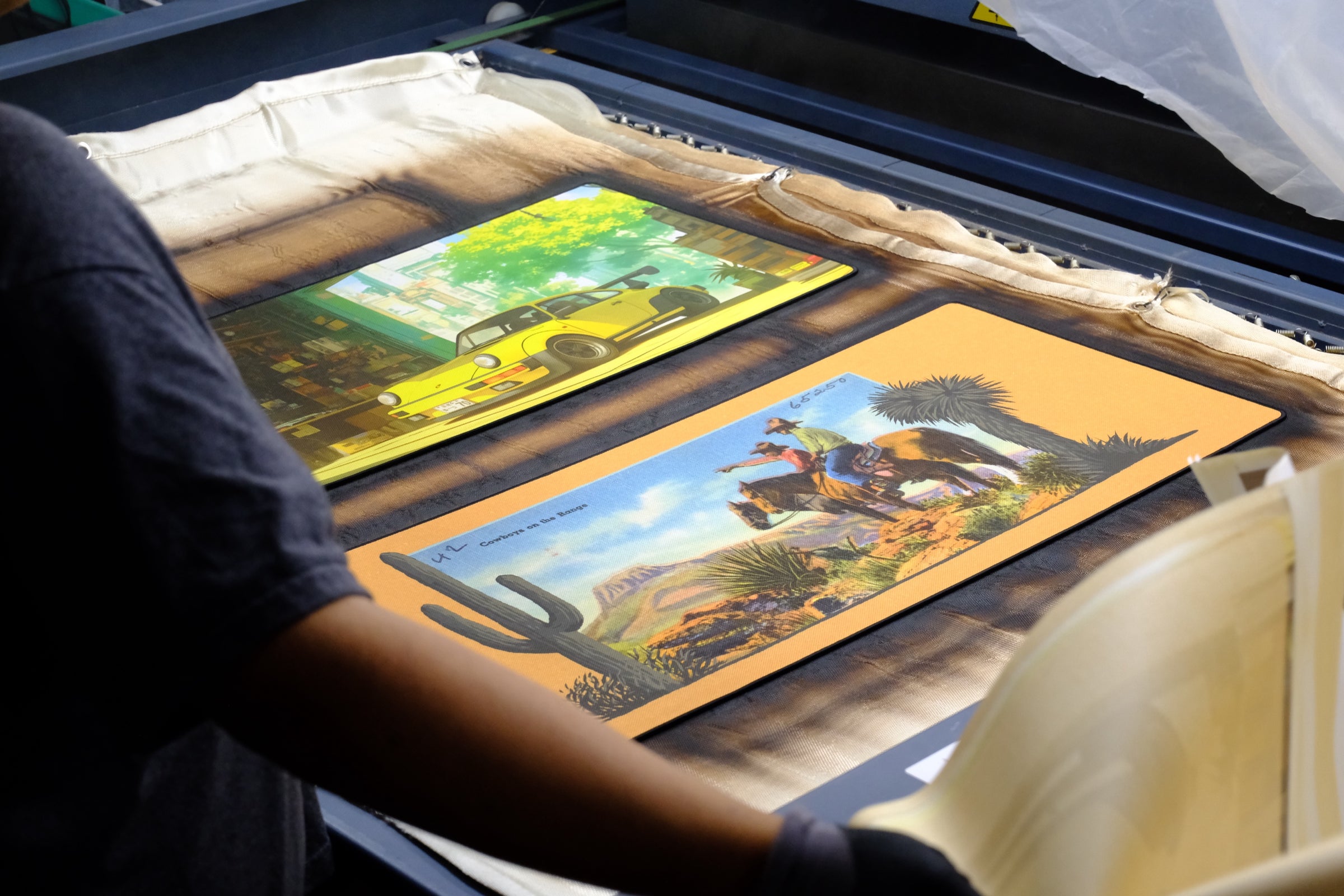Mousepads being printed in-house on production equipment