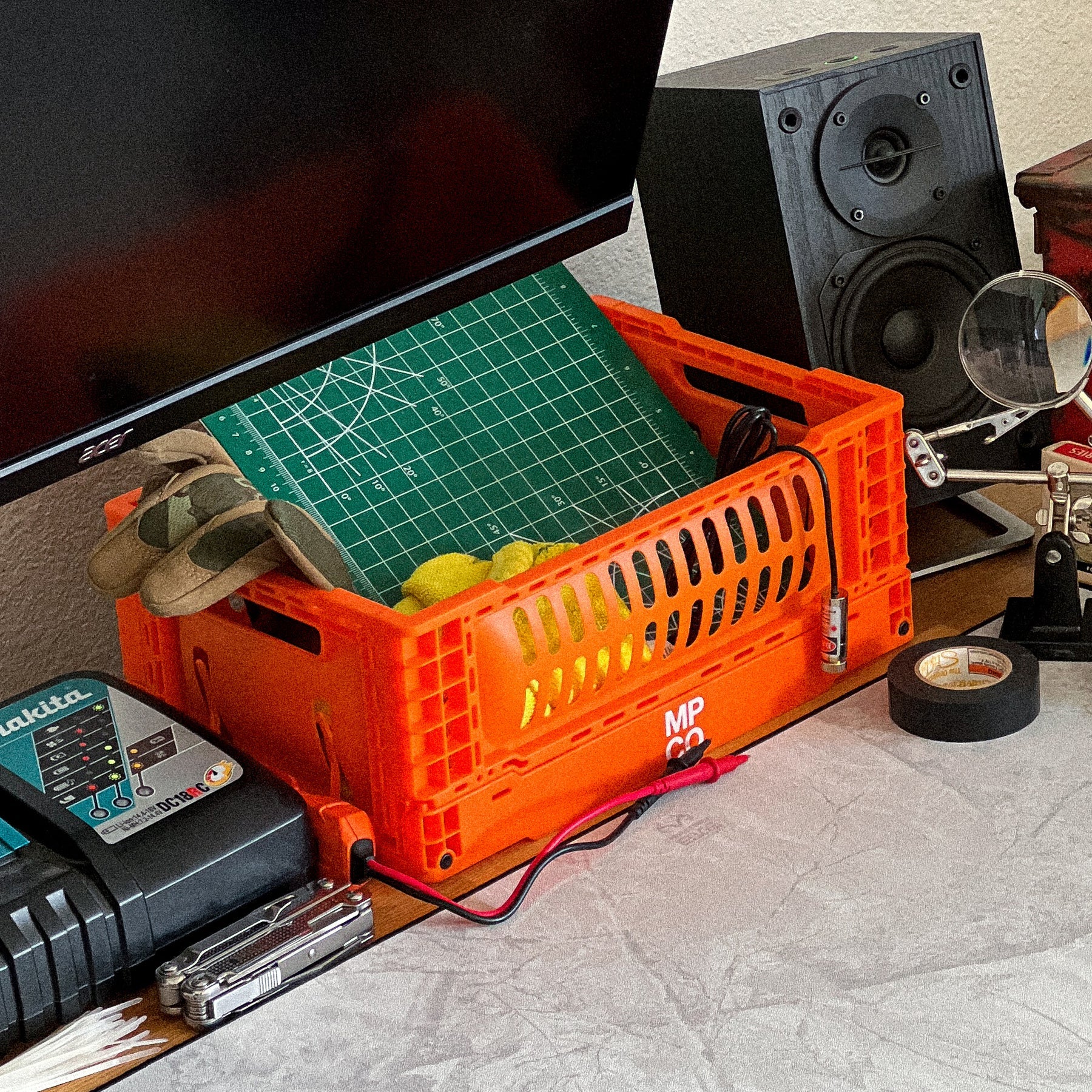 MPCO foldable desk crate in orange - lifestyle