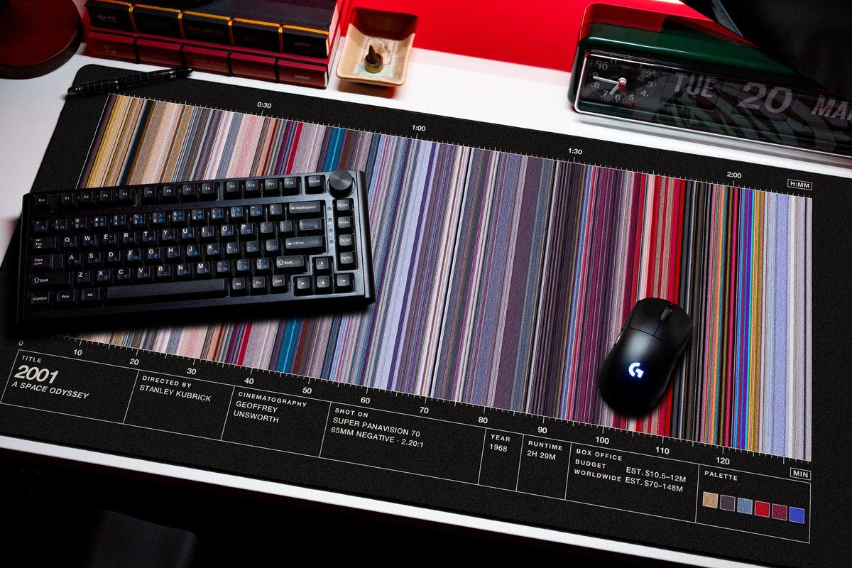 2001: A Space Odyssey (1968) — Movie Barcode Desk Mat desk mat in Black, shown on a styled desk setup