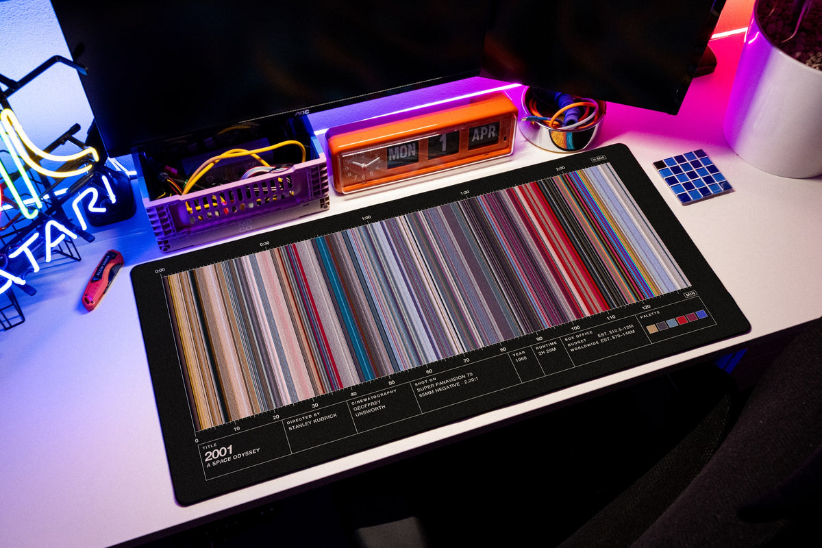 2001: A Space Odyssey (1968) — Movie Barcode Desk Mat desk mat in Black, shown on a styled desk setup