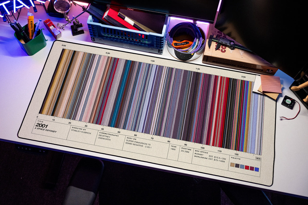 2001: A Space Odyssey (1968) — Movie Barcode Desk Mat desk mat in Cream, shown on a styled desk setup