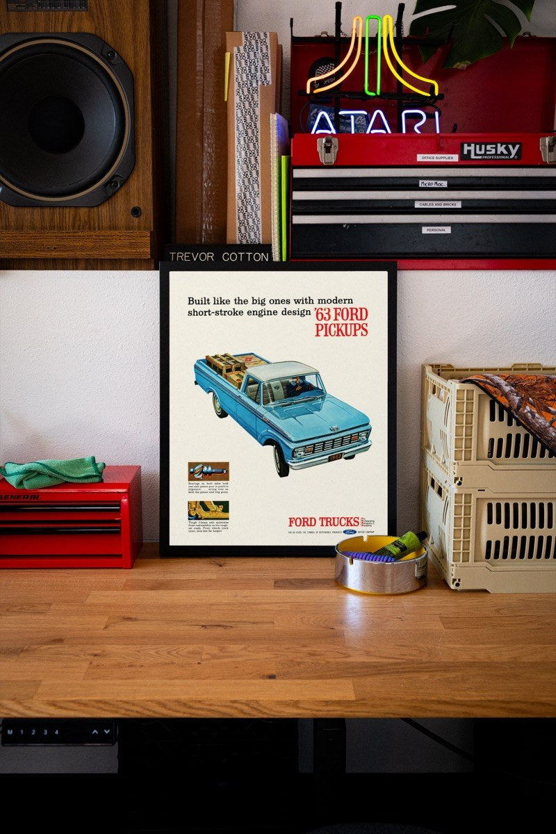'63 Ford Pickups Ad art print styled in a room setting