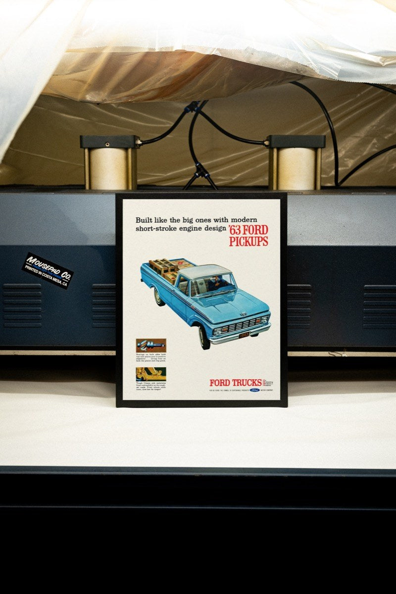 '63 Ford Pickups Ad art print styled in a room setting