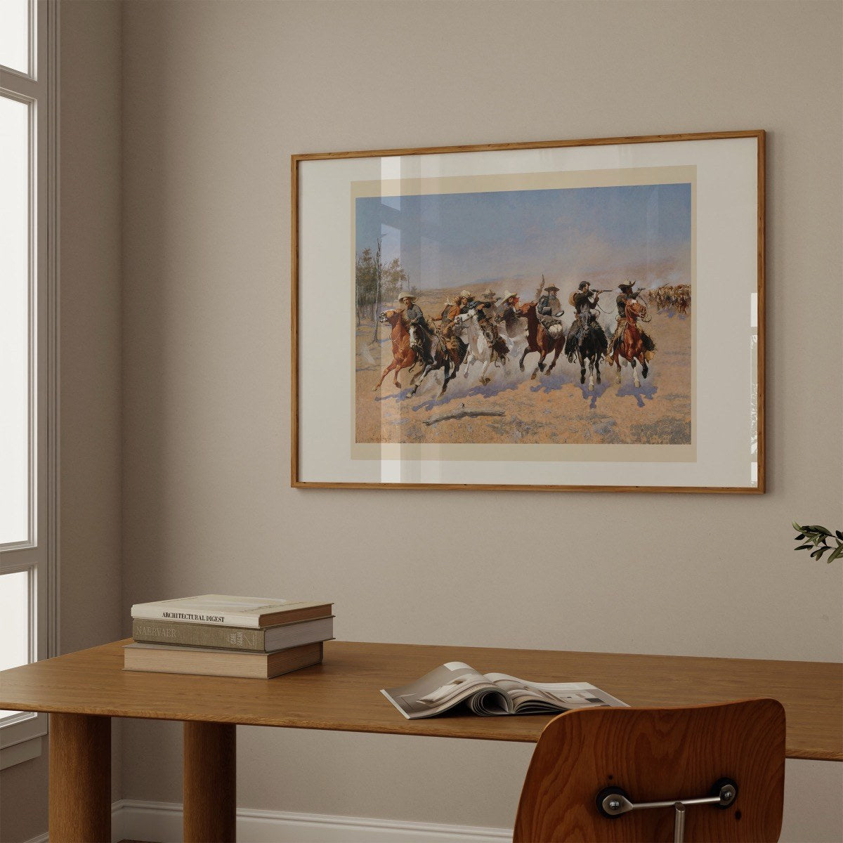 A Dash for the Timber, by Frederic Remington art print styled in a room setting
