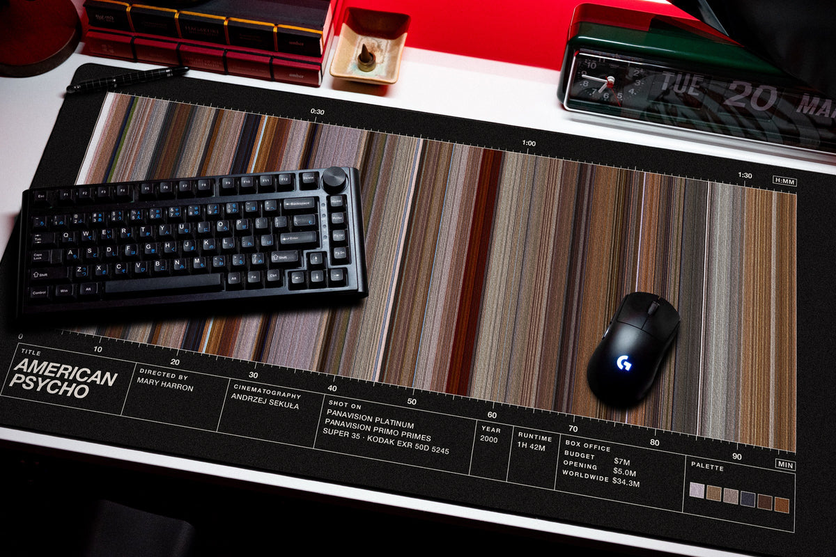 American Psycho (2000) — Movie Barcode Desk Mat desk mat in Black, shown on a styled desk setup