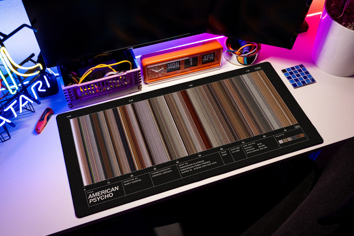 American Psycho (2000) — Movie Barcode Desk Mat desk mat in Black, shown on a styled desk setup