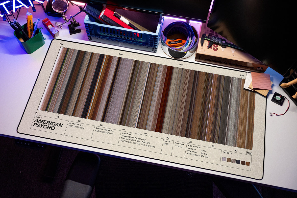 American Psycho (2000) — Movie Barcode Desk Mat desk mat in Cream, shown on a styled desk setup