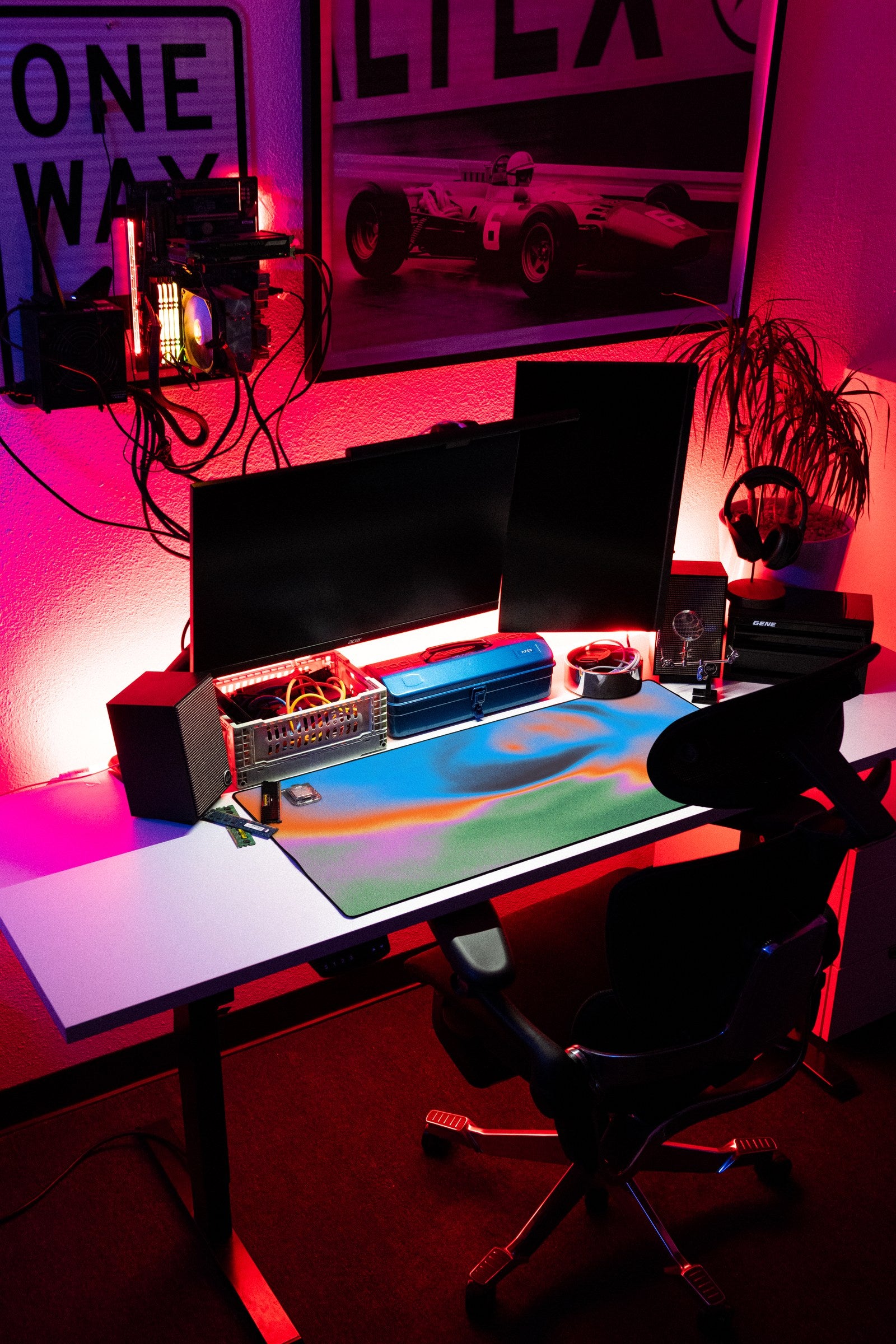Aura desk mat in Abyss Bloom, shown on a styled desk setup