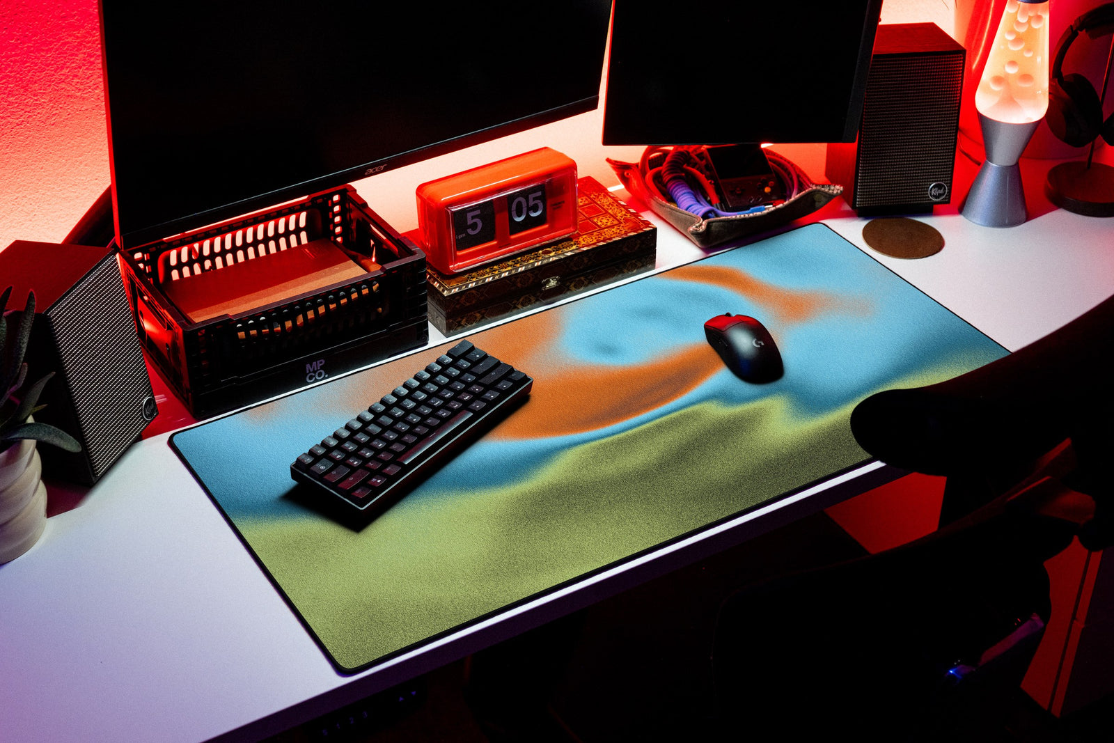 Aura desk mat in Citrus Frost, shown on a styled desk setup