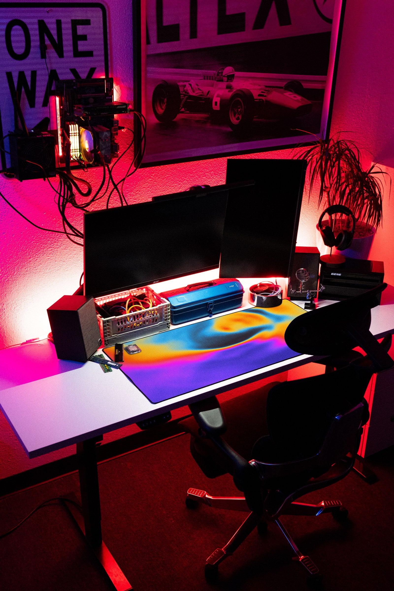 Aura desk mat in Prism Dusk, shown on a styled desk setup