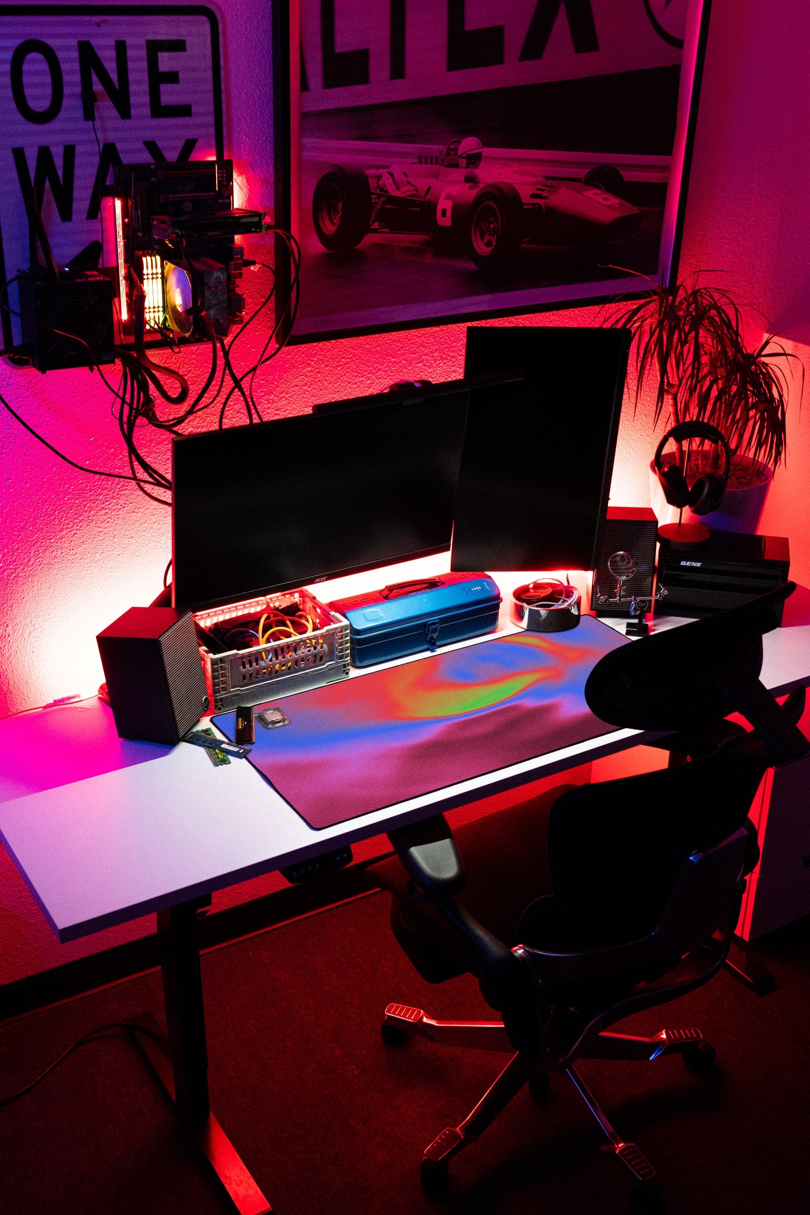 Aura desk mat in Violet Mist, shown on a styled desk setup