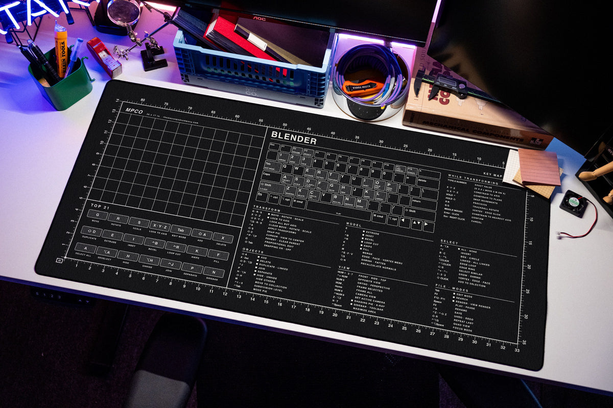 Blender Shortcuts Pad (macOS) desk mat in Black / White, shown on a styled desk setup