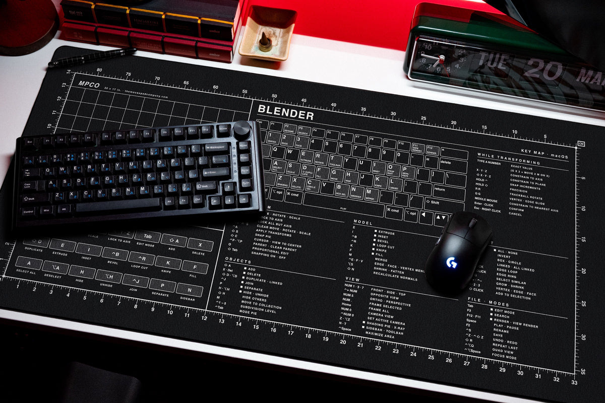 Blender Shortcuts Pad (macOS) desk mat in Black / White, shown on a styled desk setup