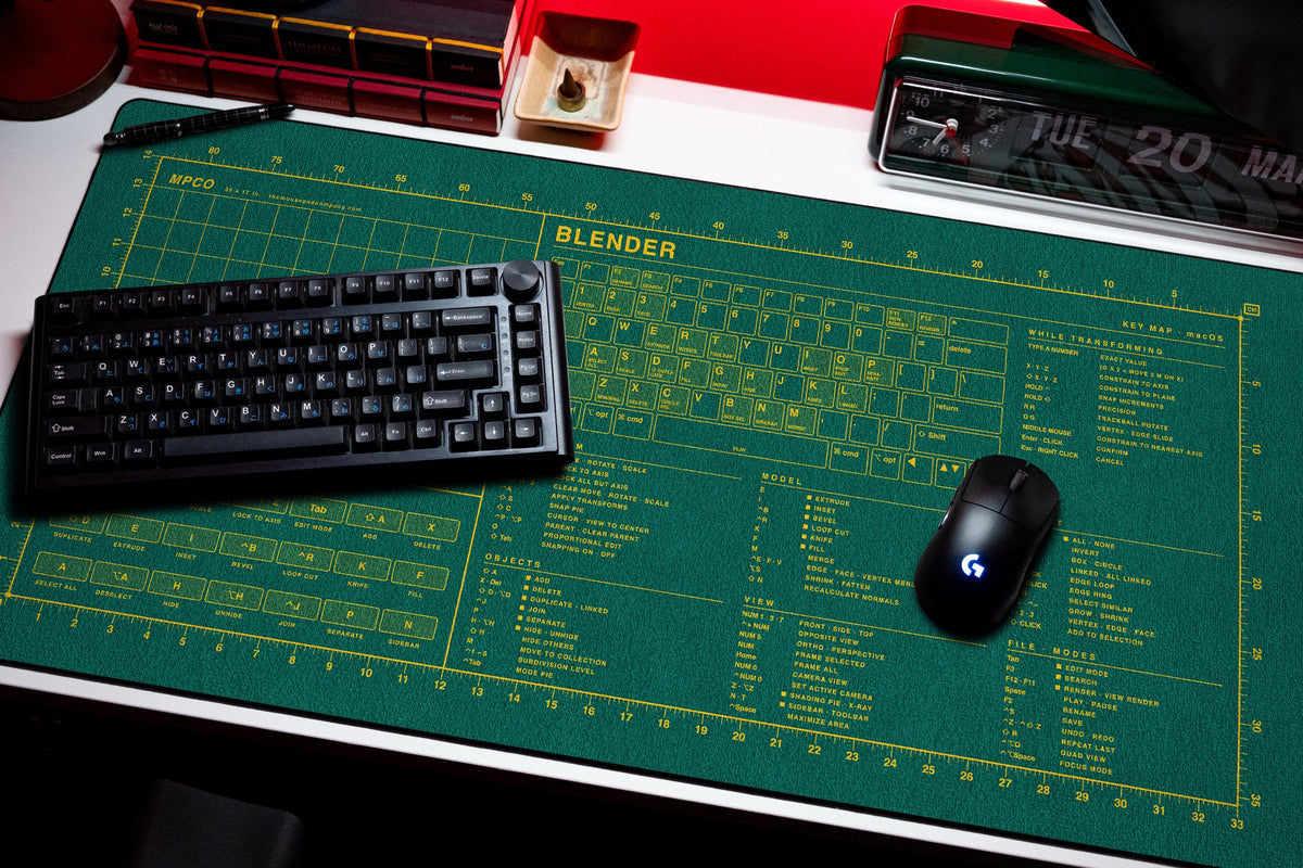 Blender Shortcuts Pad (macOS) desk mat in Green / Yellow, shown on a styled desk setup