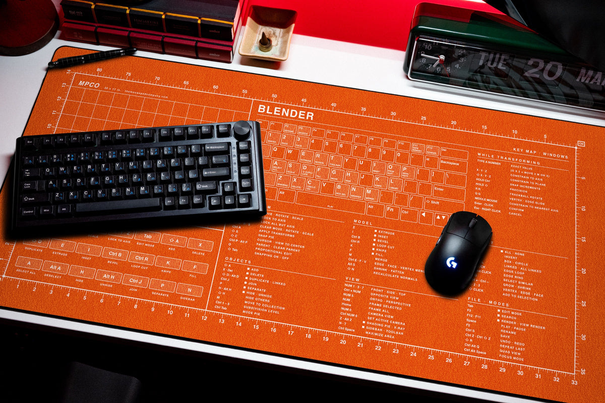 Blender Shortcuts Pad (Windows) desk mat in Orange / White, shown on a styled desk setup