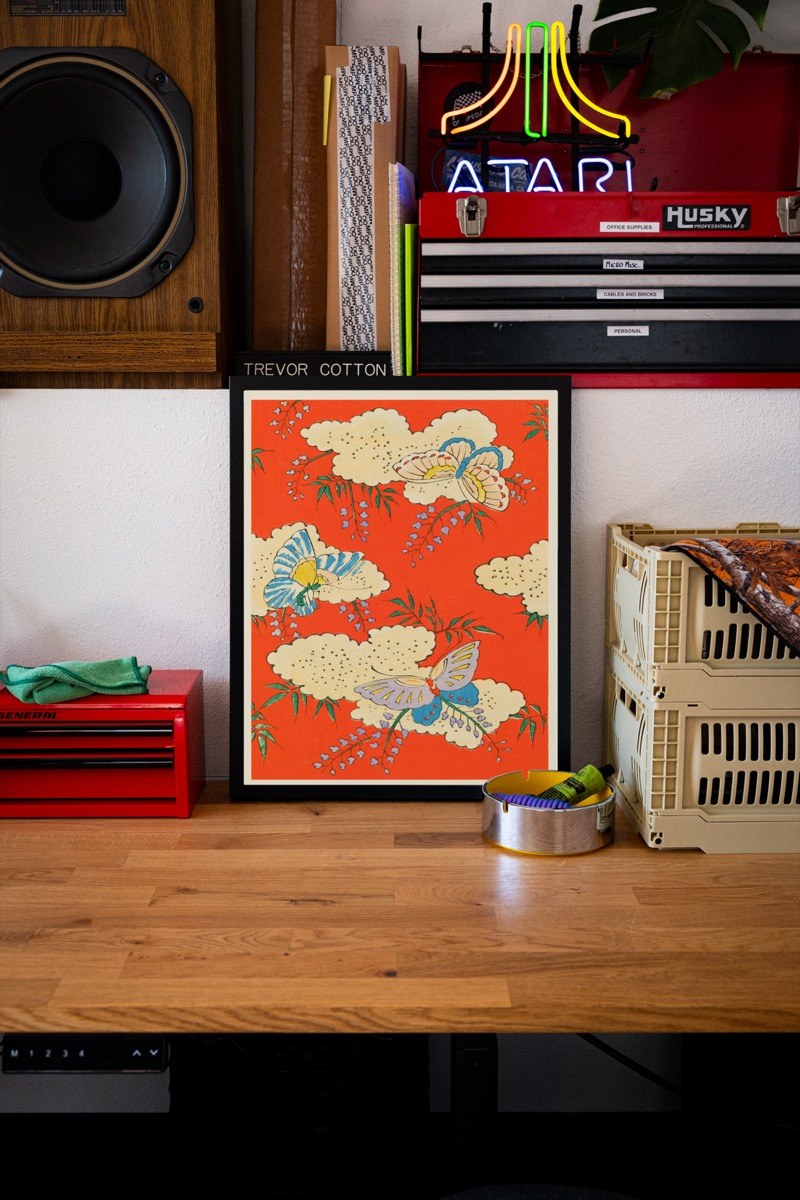 Butterflies and Wisteria - Japanese Textile Pattern art print styled in a room setting