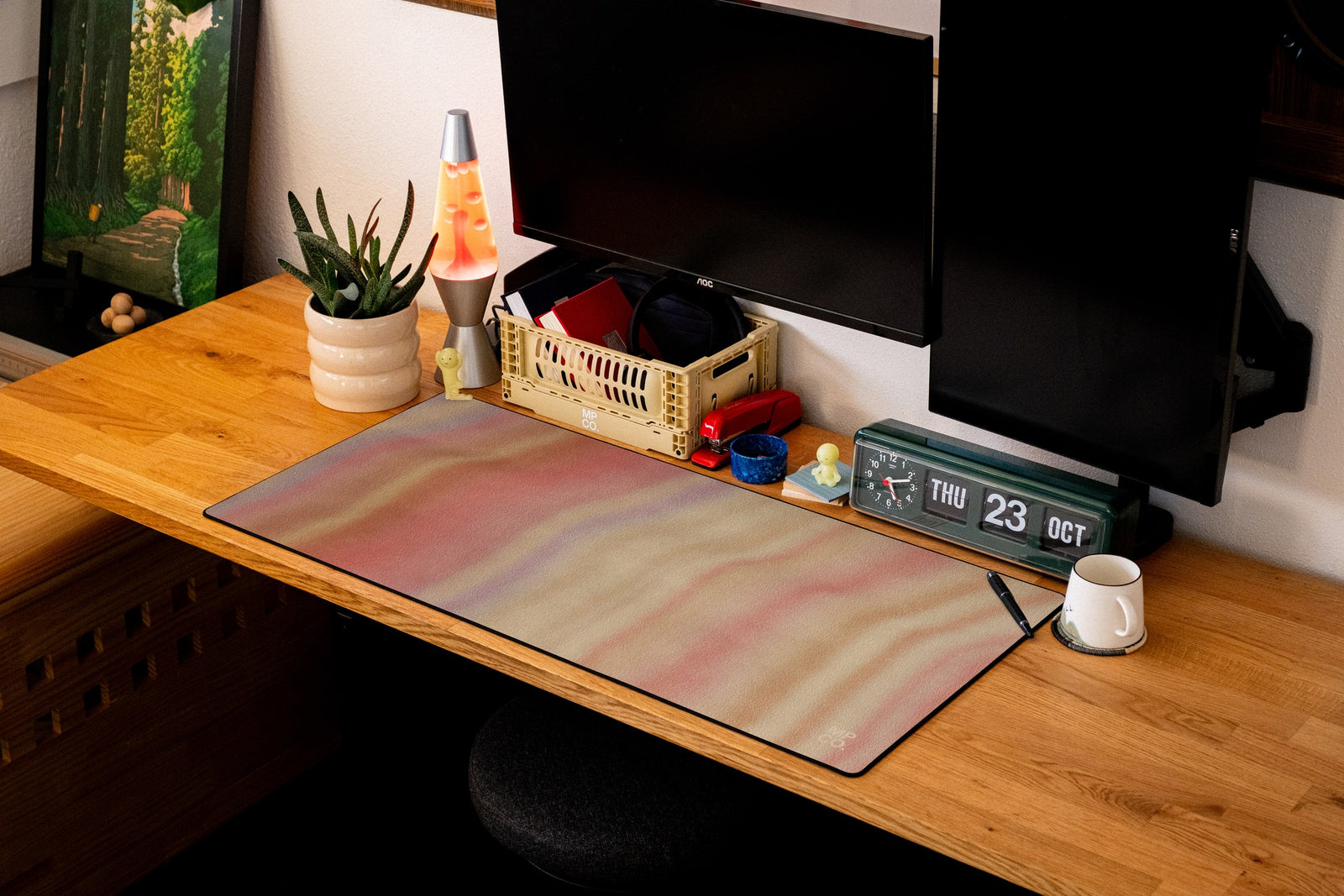 Canyon Mist desk mat in Original, shown on a styled desk setup