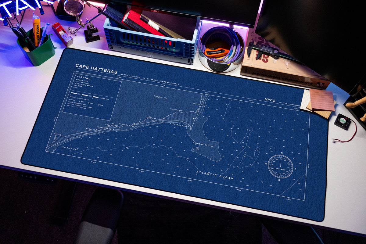 Cape Hatteras Nautical Chart Pad desk mat in Blue / White, shown on a styled desk setup