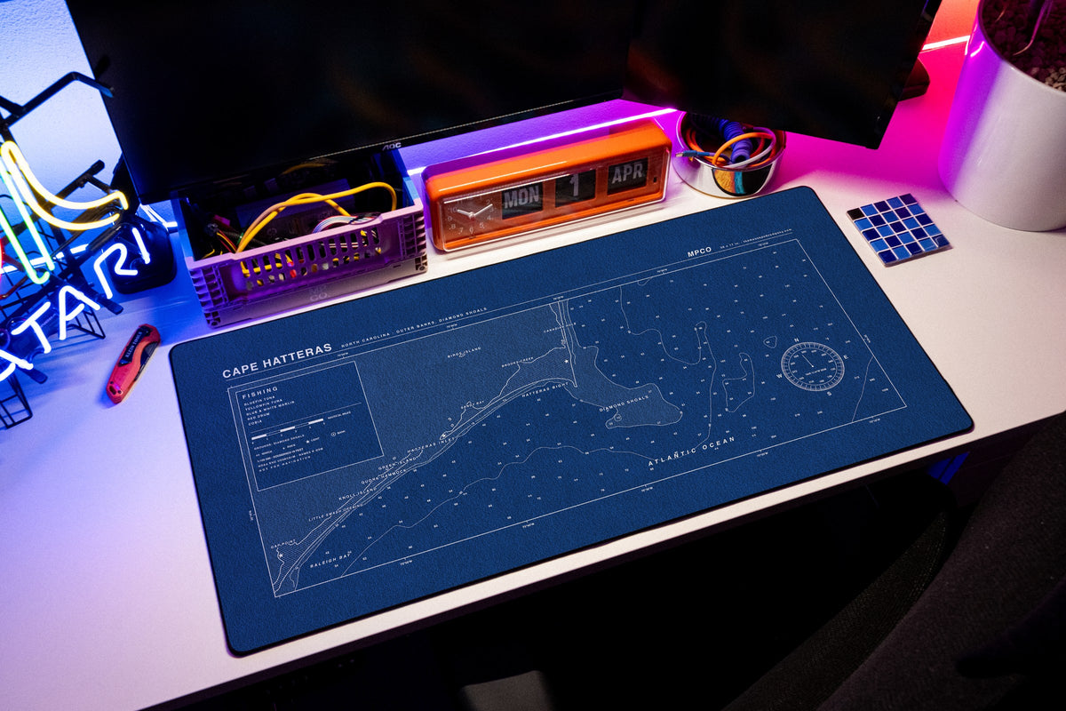 Cape Hatteras Nautical Chart Pad desk mat in Blue / White, shown on a styled desk setup