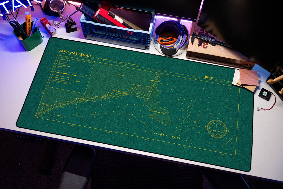 Cape Hatteras Nautical Chart Pad desk mat in Green / Yellow, shown on a styled desk setup