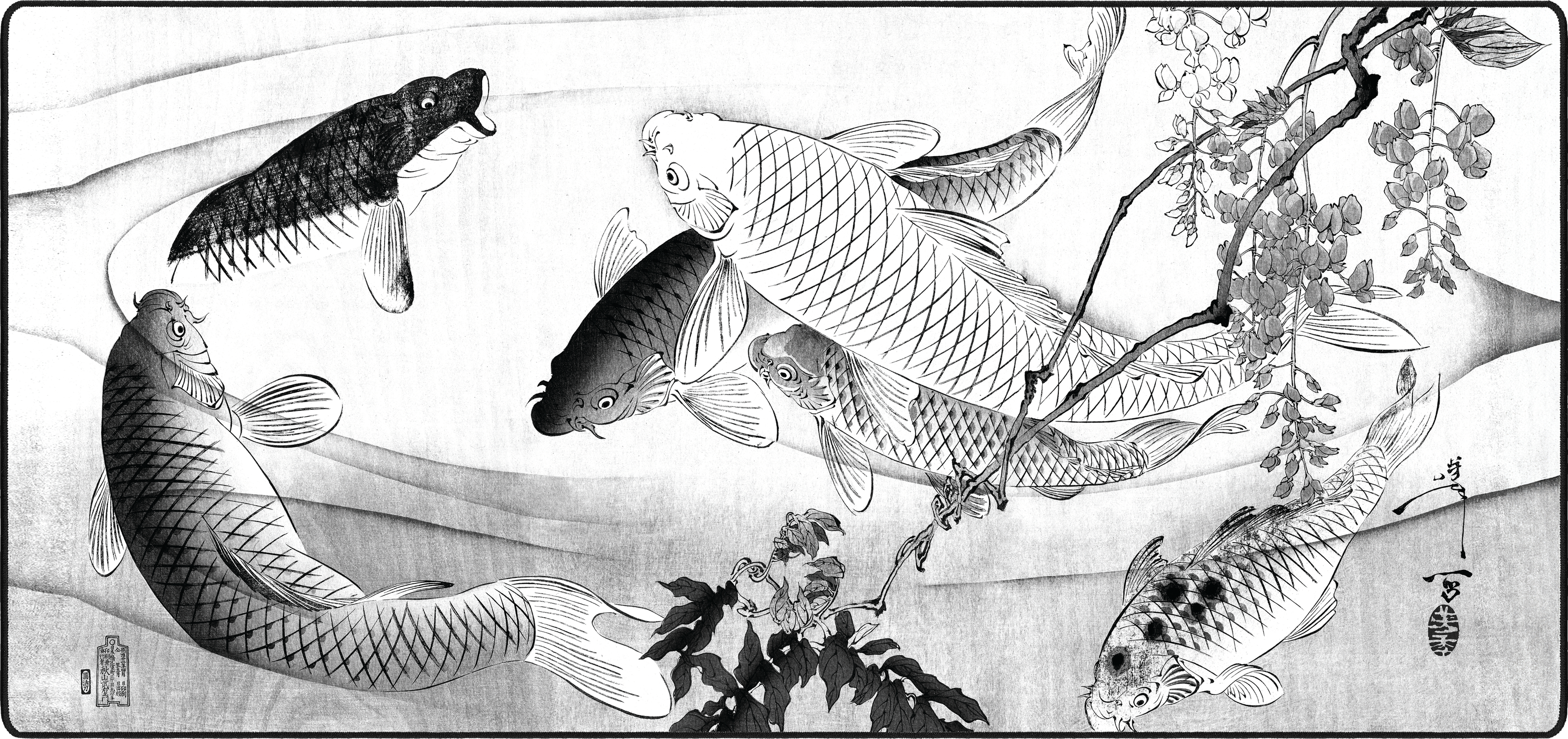 Carp with Wisteria, by Yoshitoshi mousepad thumbnail, White, Large/XXL