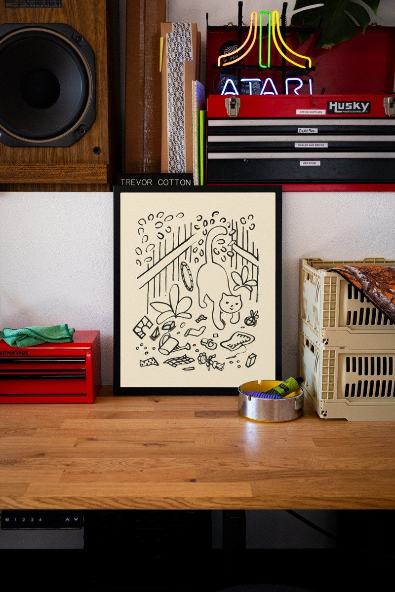 Cat Knocking Things Over - Ink Sketch art print styled in a room setting