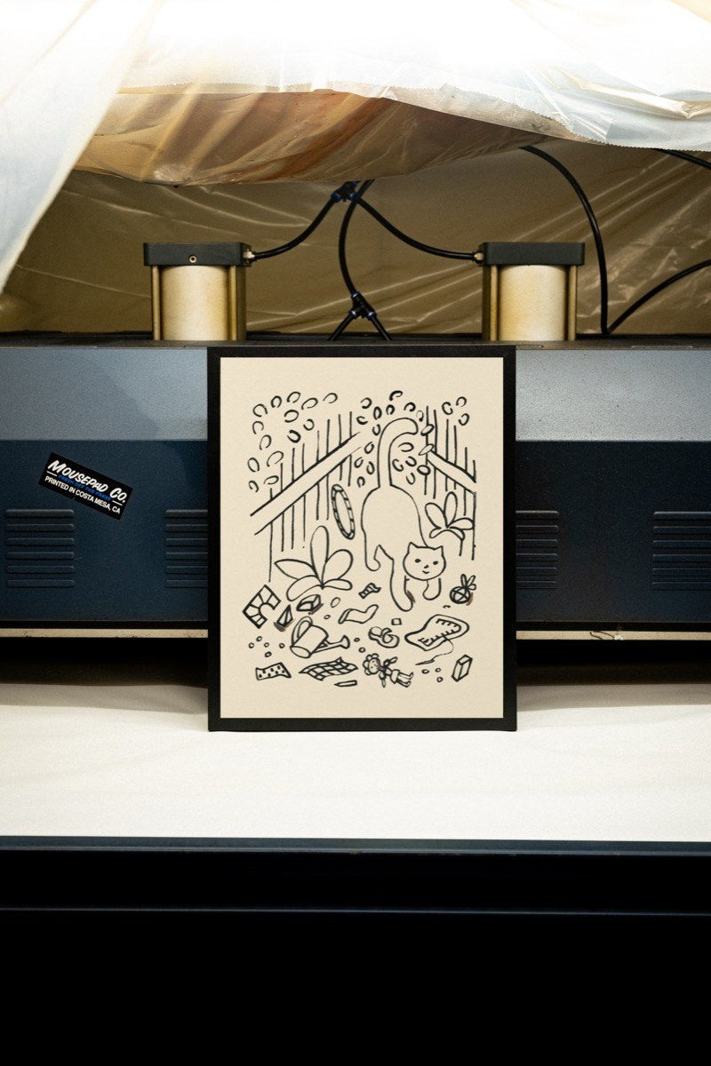 Cat Knocking Things Over - Ink Sketch art print styled in a room setting