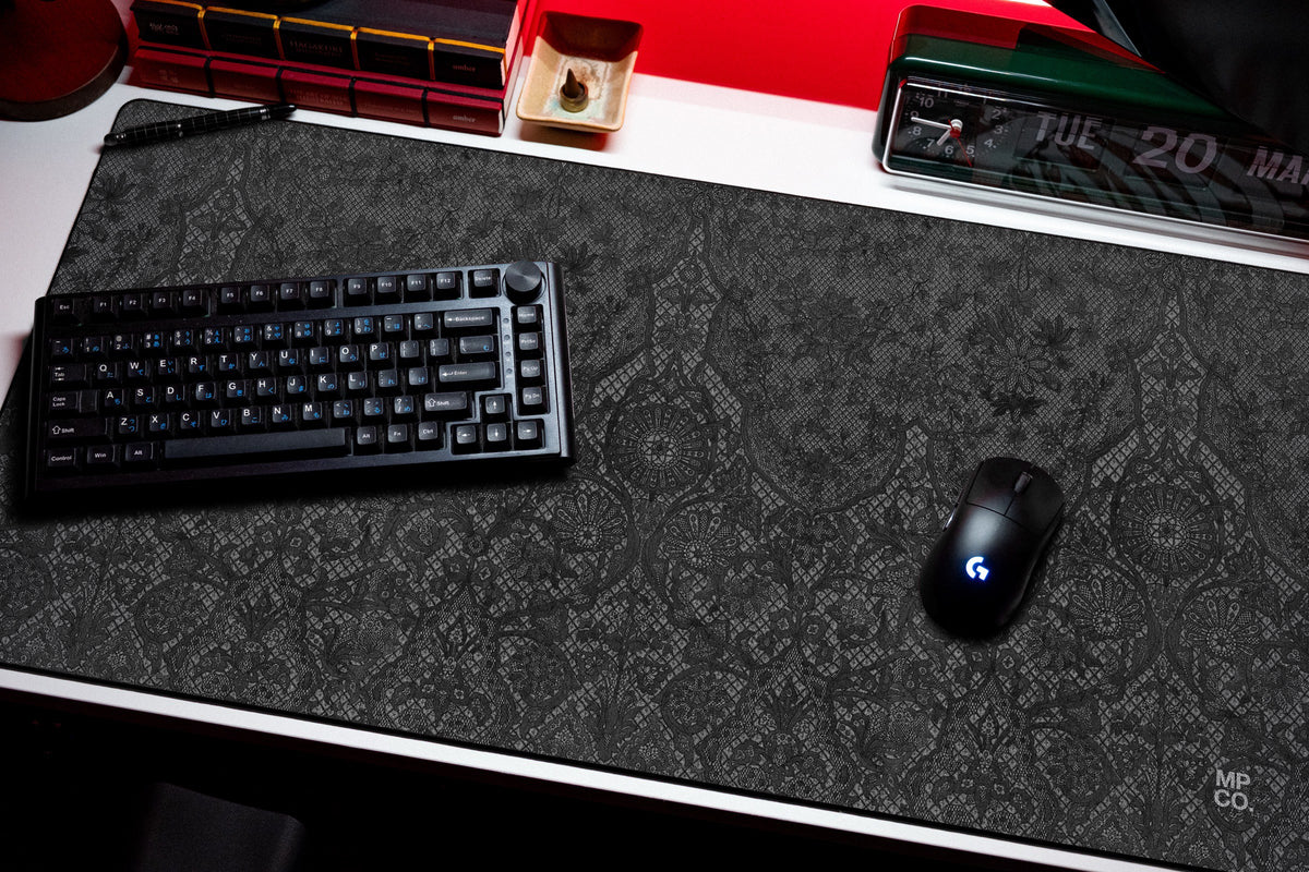 Chantilly desk mat in Black, shown on a styled desk setup