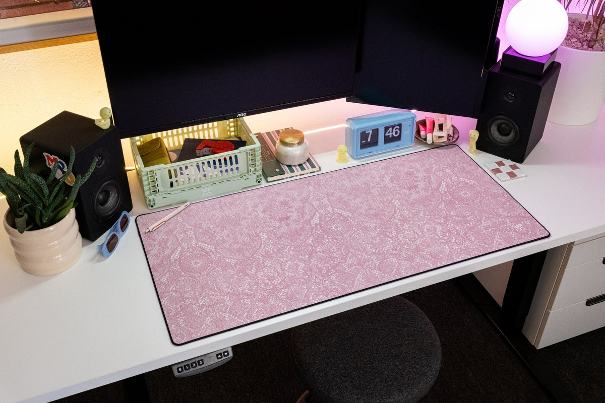 Chantilly desk mat in Blush, shown on a styled desk setup