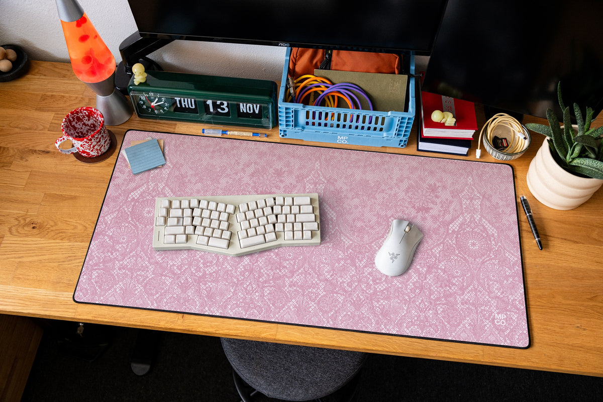 Chantilly desk mat in Blush, shown on a styled desk setup