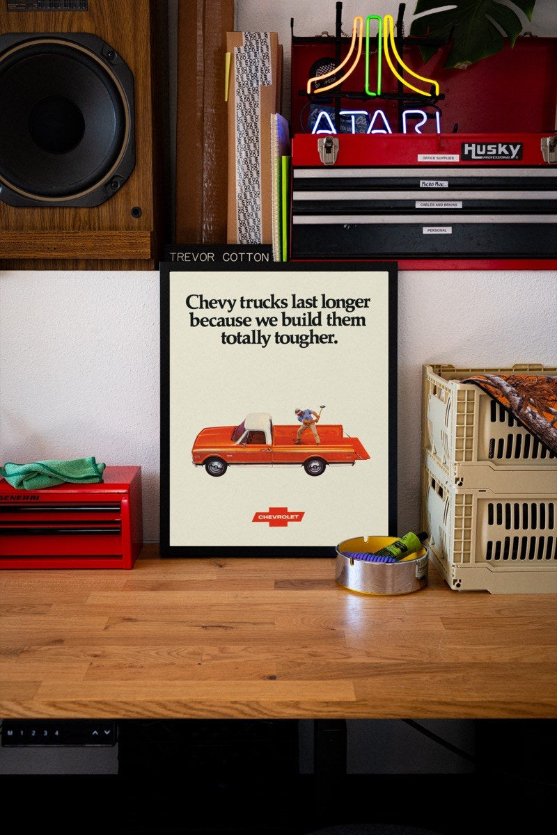 Chevy Trucks Last Longer Ad art print styled in a room setting