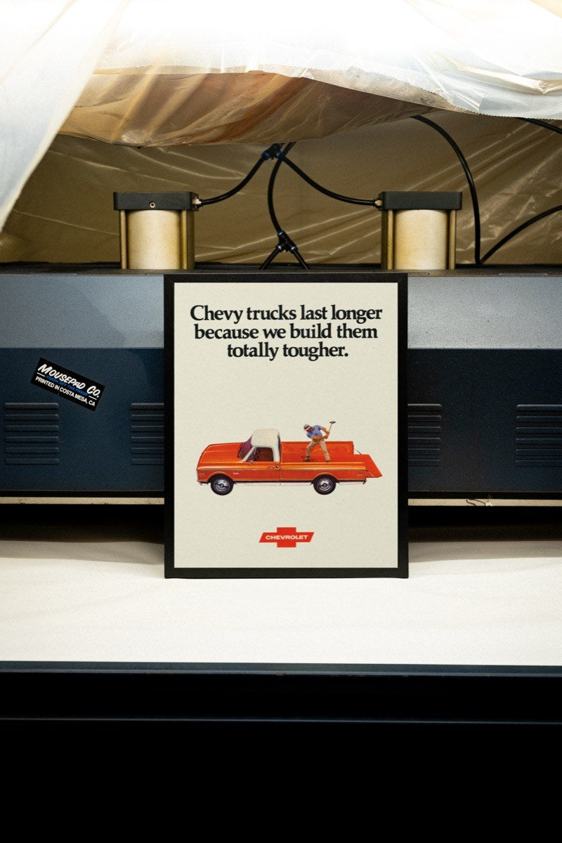 Chevy Trucks Last Longer Ad art print styled in a room setting