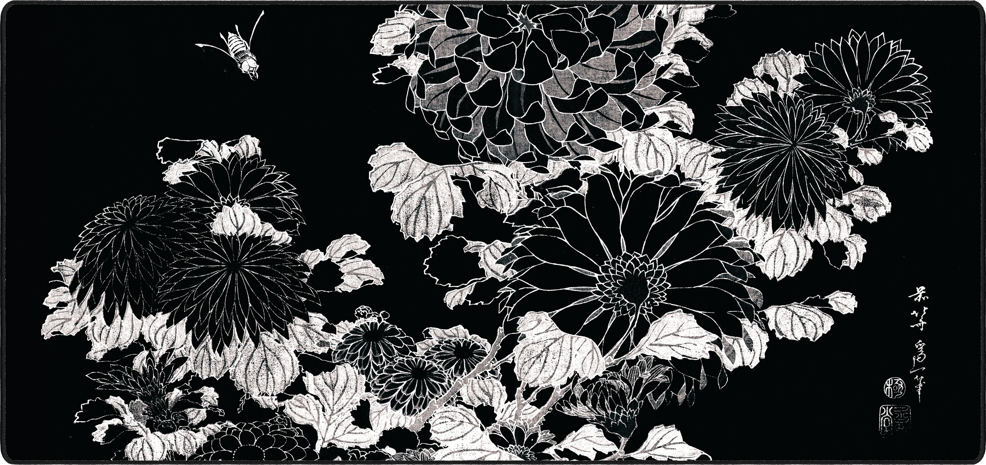 Chrysanthemums and Bee, by Hokusai mousepad thumbnail, Black, Large/XXL