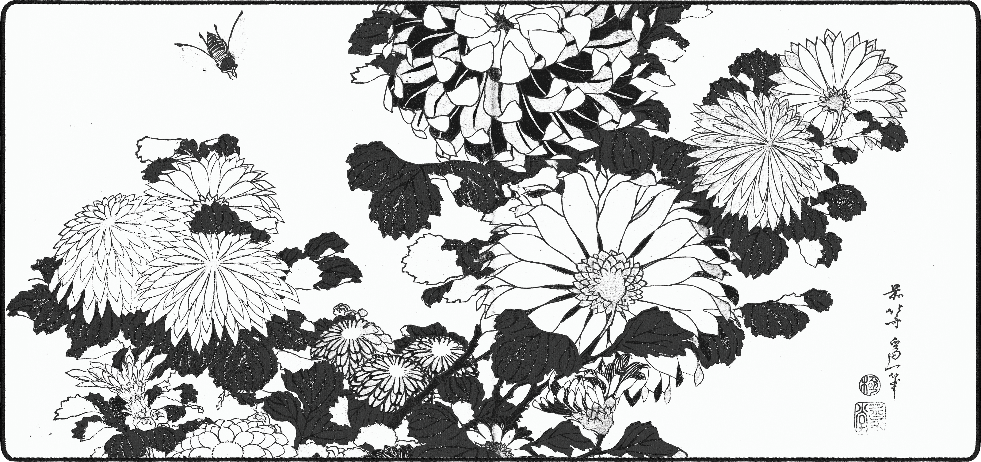 Chrysanthemums and Bee, by Hokusai mousepad thumbnail, White & Black, Large/XXL