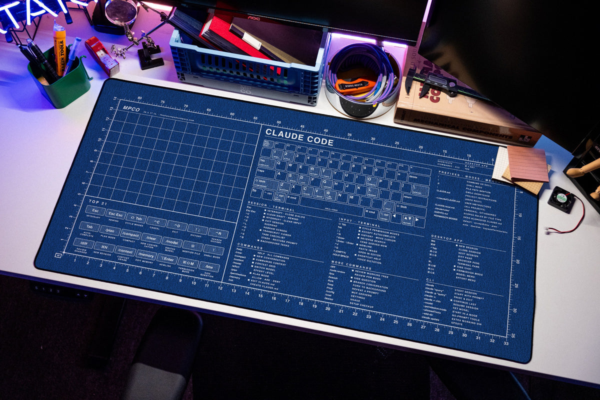 Claude Code Reference Pad (macOS) desk mat in Blue / White, shown on a styled desk setup
