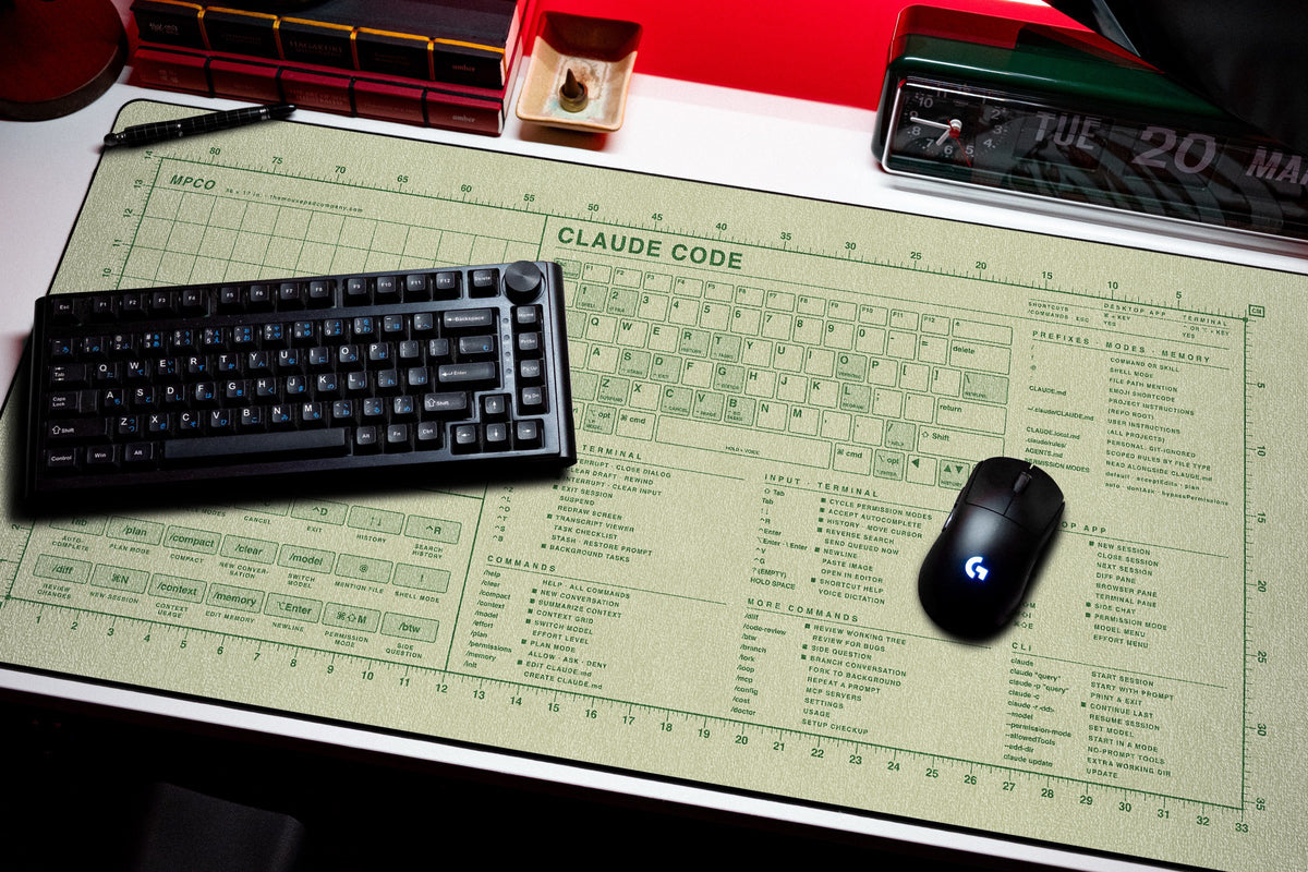 Claude Code Reference Pad (macOS) desk mat in Buff / Green, shown on a styled desk setup