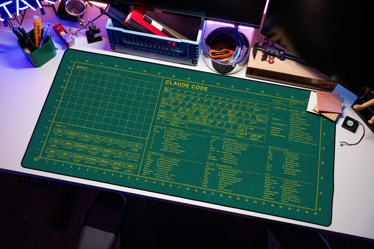 Claude Code Reference Pad (macOS) desk mat in Green / Yellow, shown on a styled desk setup
