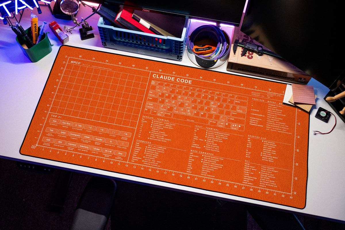 Claude Code Reference Pad (macOS) desk mat in Orange / White, shown on a styled desk setup