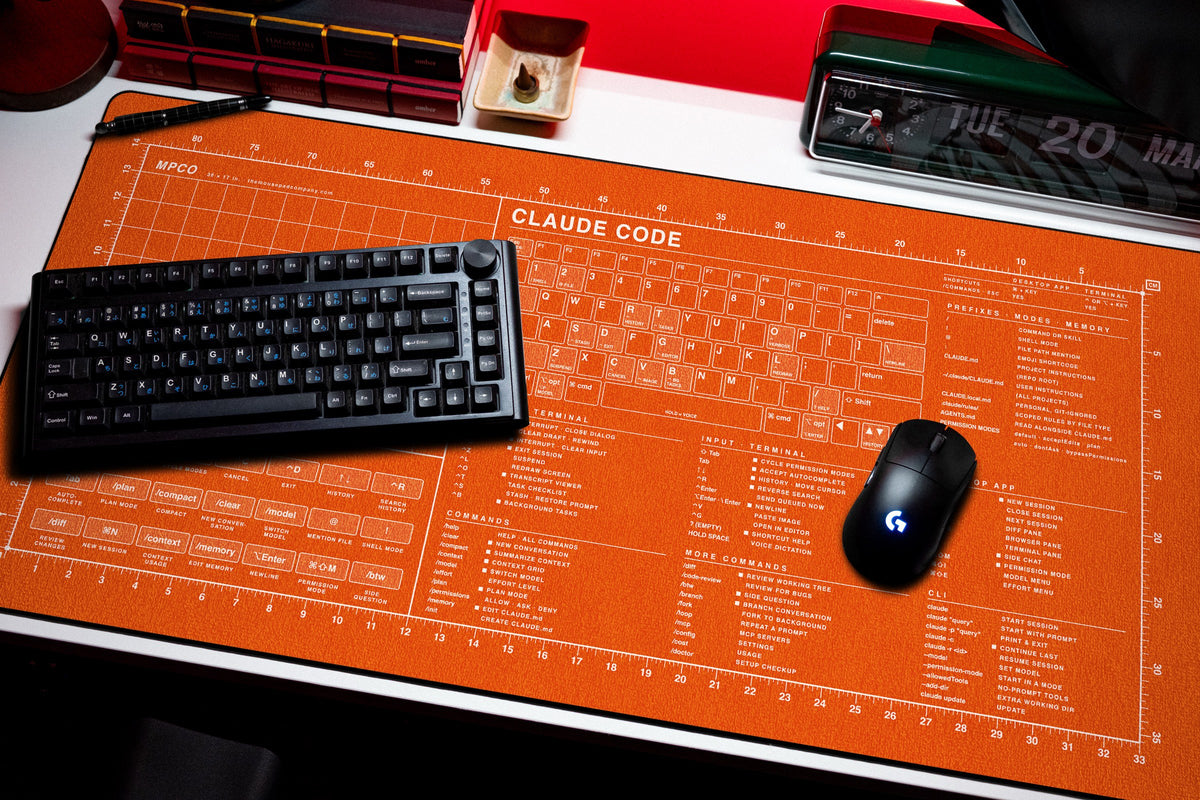 Claude Code Reference Pad (macOS) desk mat in Orange / White, shown on a styled desk setup
