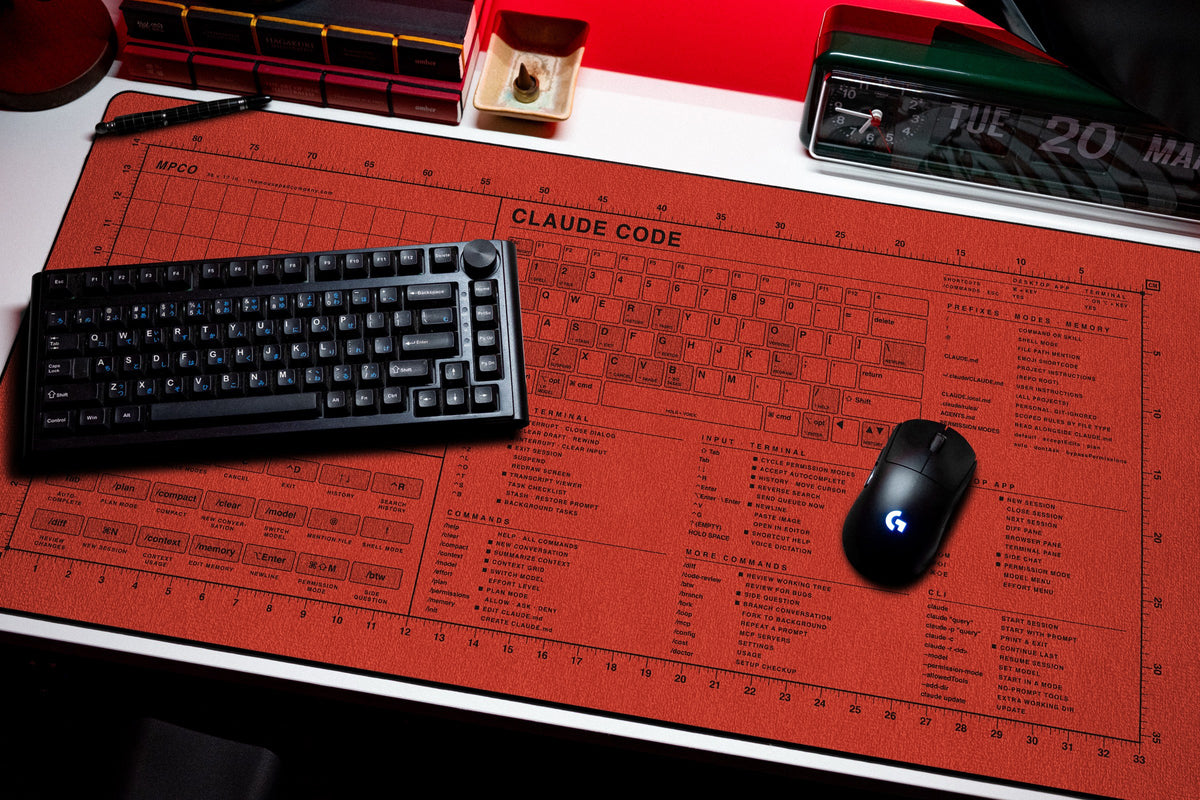 Claude Code Reference Pad (macOS) desk mat in Red / Black, shown on a styled desk setup