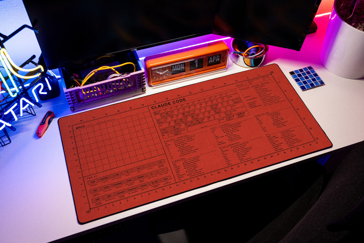 Claude Code Reference Pad (macOS) desk mat in Red / Black, shown on a styled desk setup