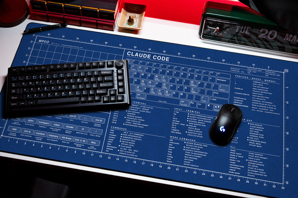 Claude Code Reference Pad (Windows) desk mat in Blue / White, shown on a styled desk setup