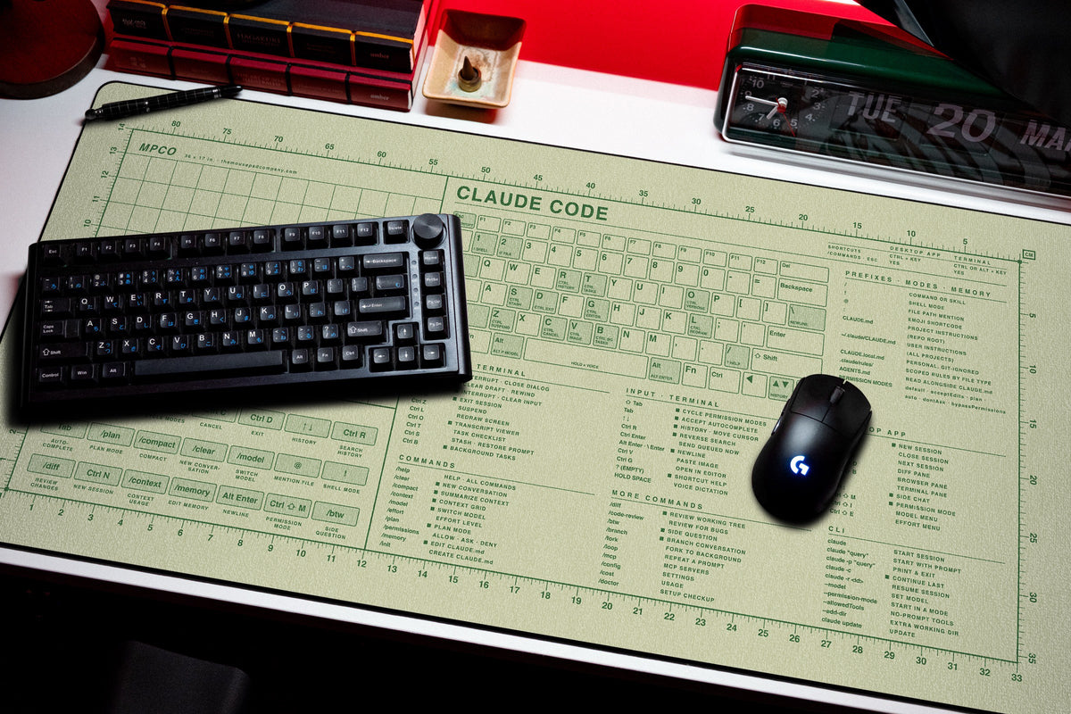 Claude Code Reference Pad (Windows) desk mat in Buff / Green, shown on a styled desk setup