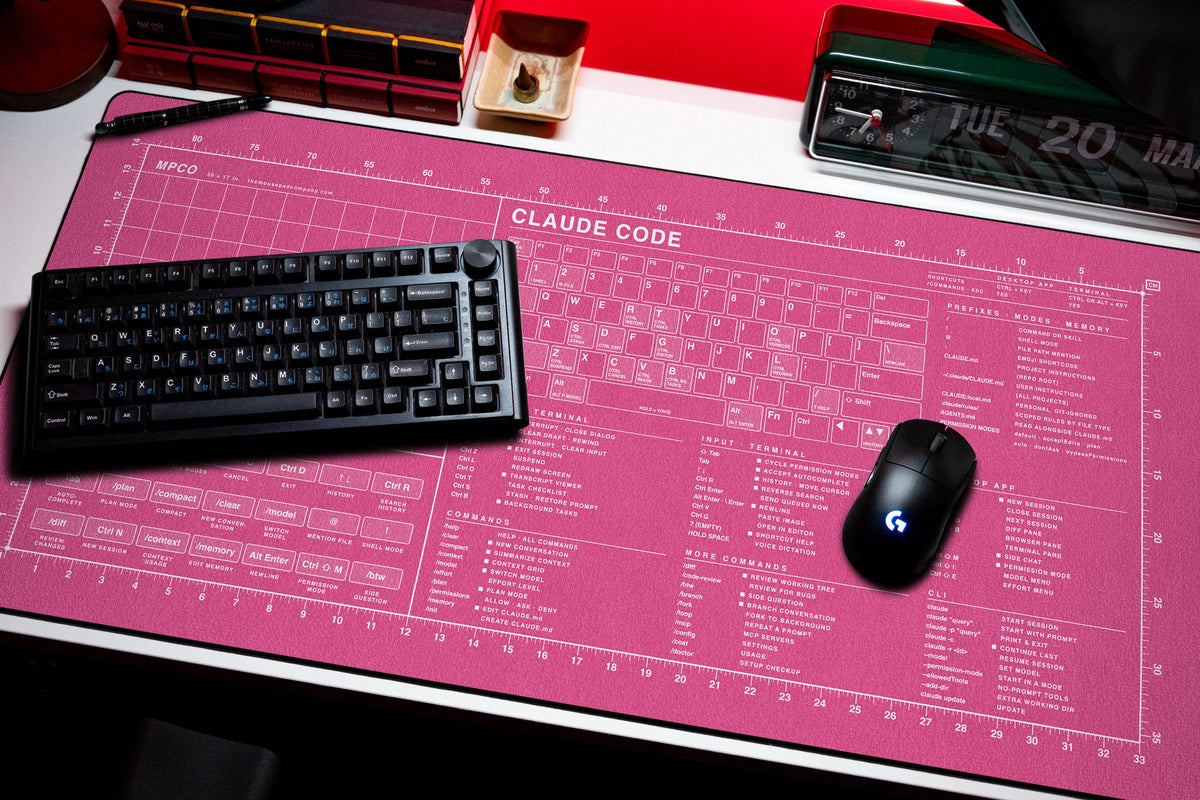 Claude Code Reference Pad (Windows) desk mat in Pink / White, shown on a styled desk setup