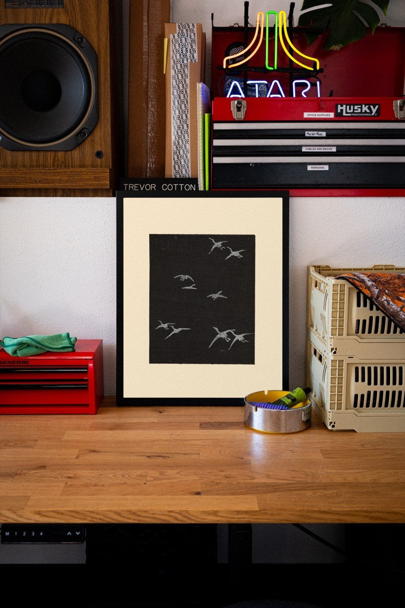 Cranes at Night, in the Style of Kamisaka Sekka art print styled in a room setting