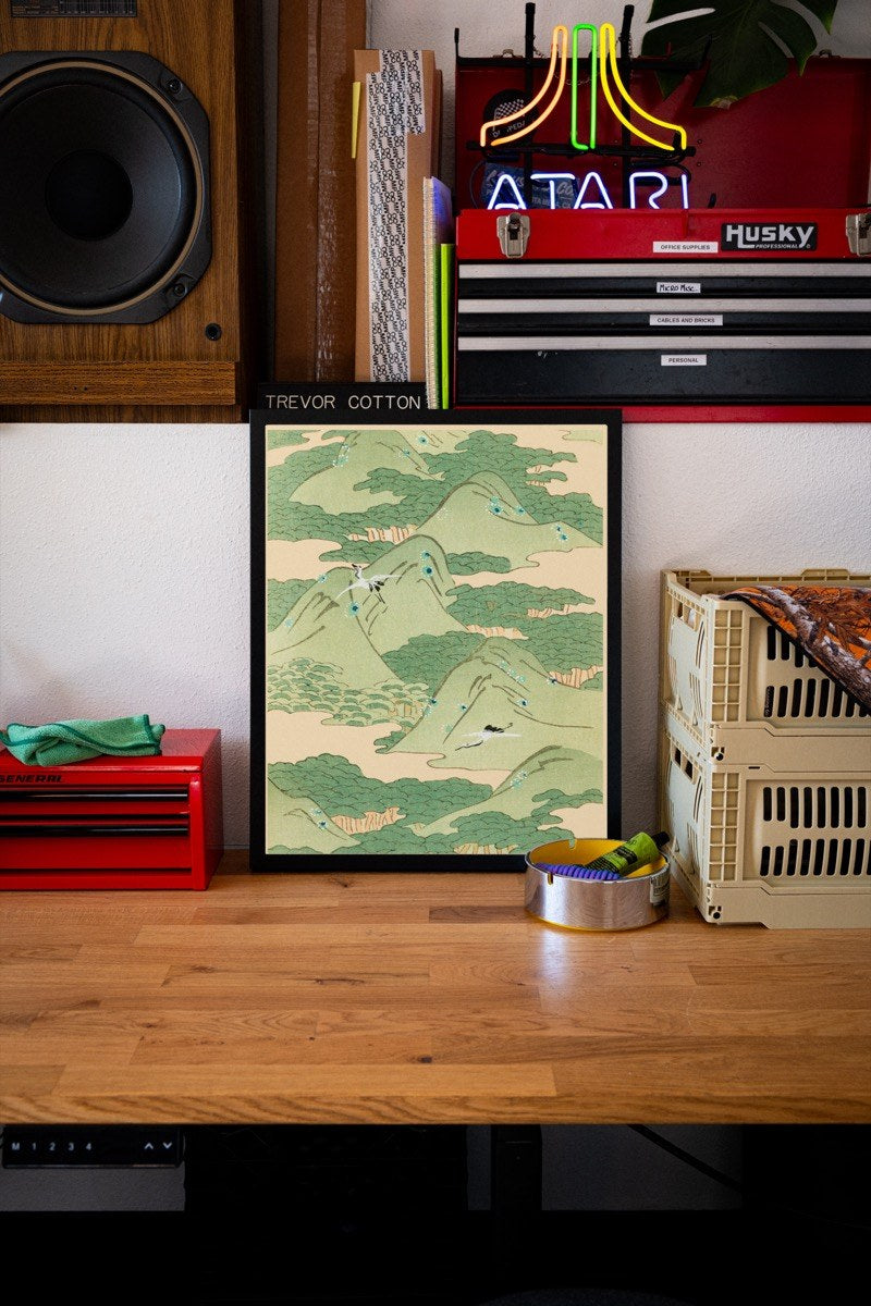 Cranes over Pine Mountains, in the Style of Kamisaka Sekka art print styled in a room setting