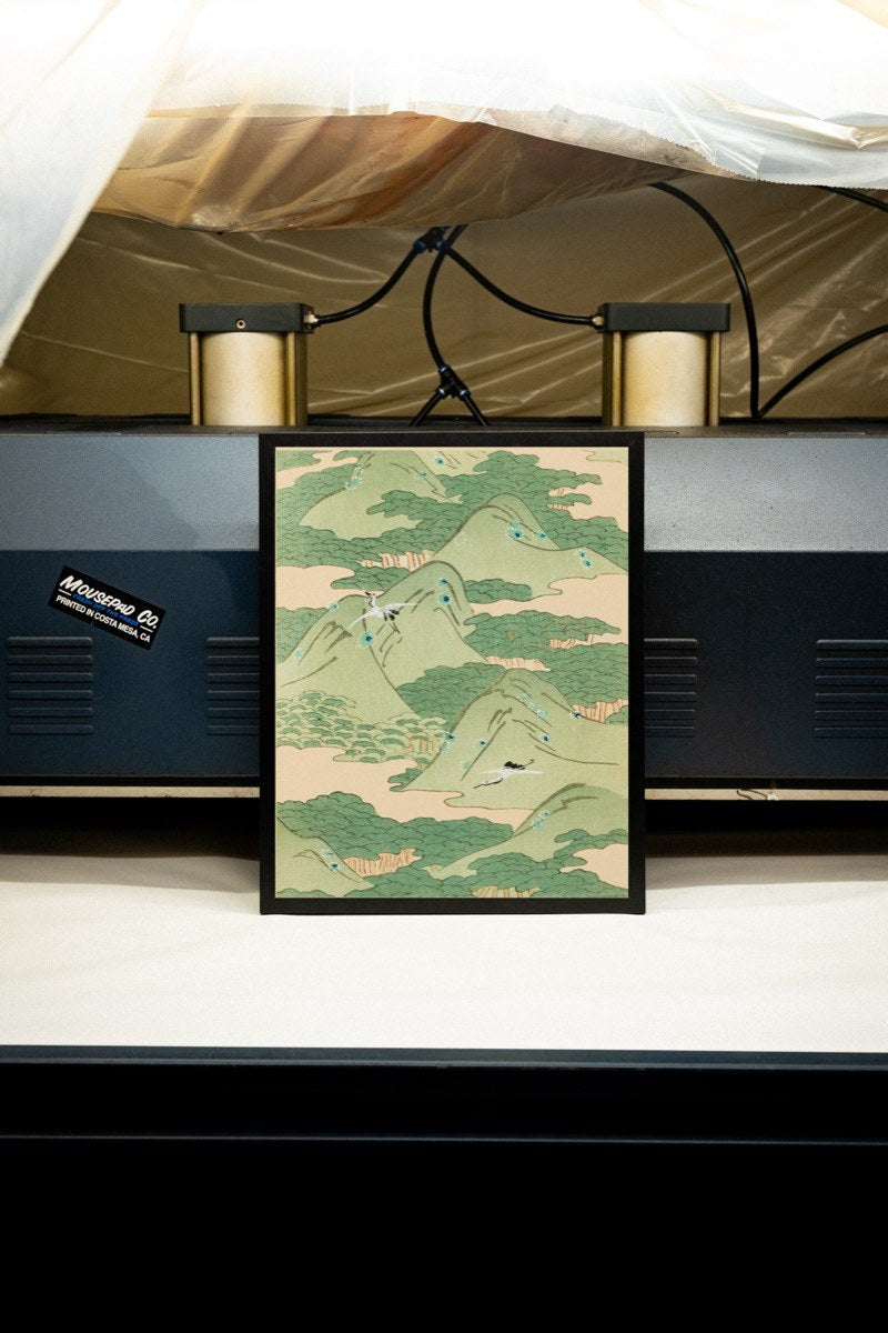 Cranes over Pine Mountains, in the Style of Kamisaka Sekka art print styled in a room setting