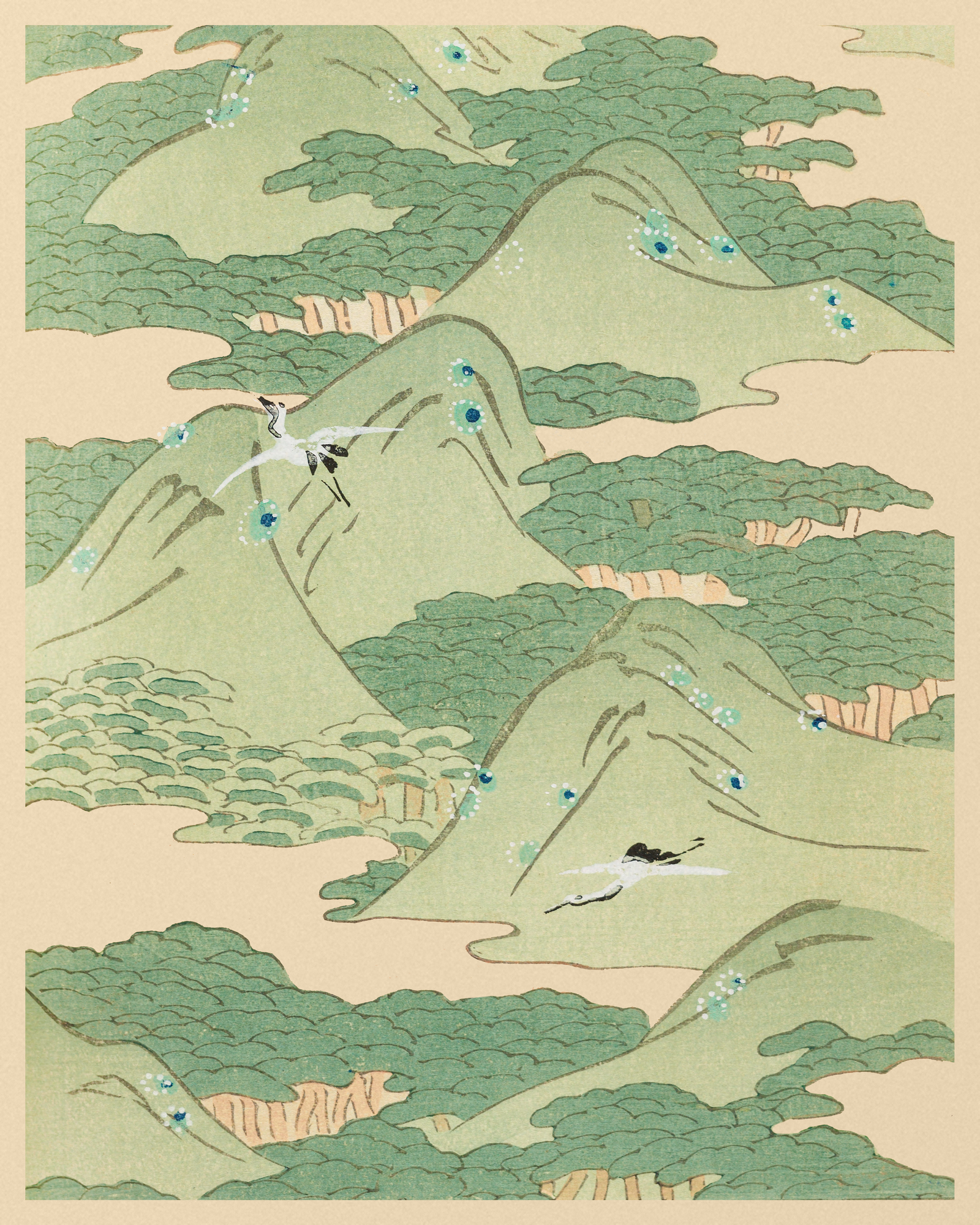 Cranes over Pine Mountains, in the Style of Kamisaka Sekka