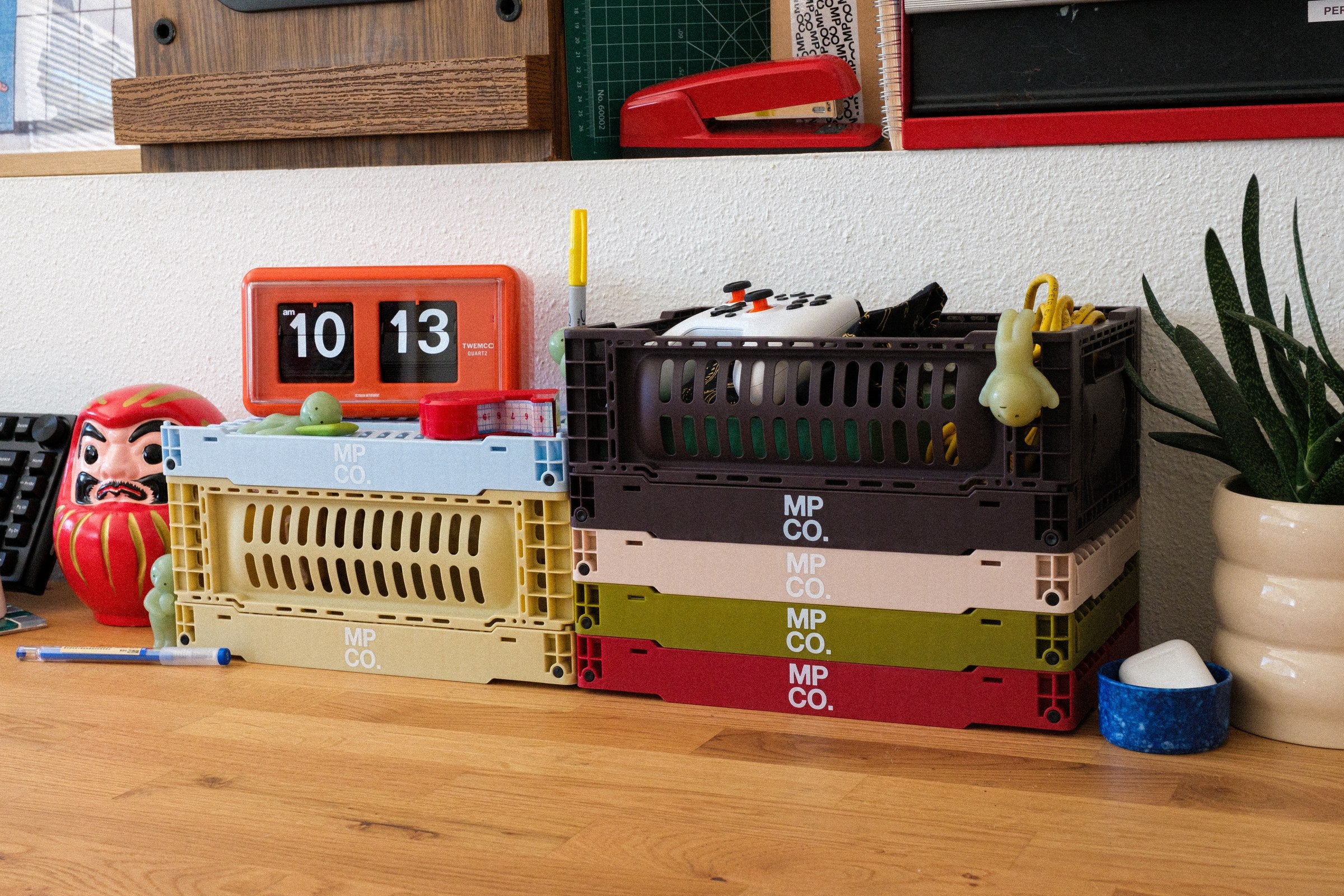 MPCO foldable desk crates on a desk