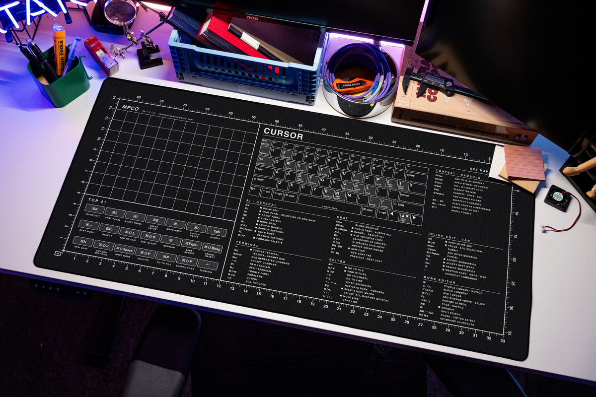 Cursor Shortcuts Pad (macOS) desk mat in Black / White, shown on a styled desk setup